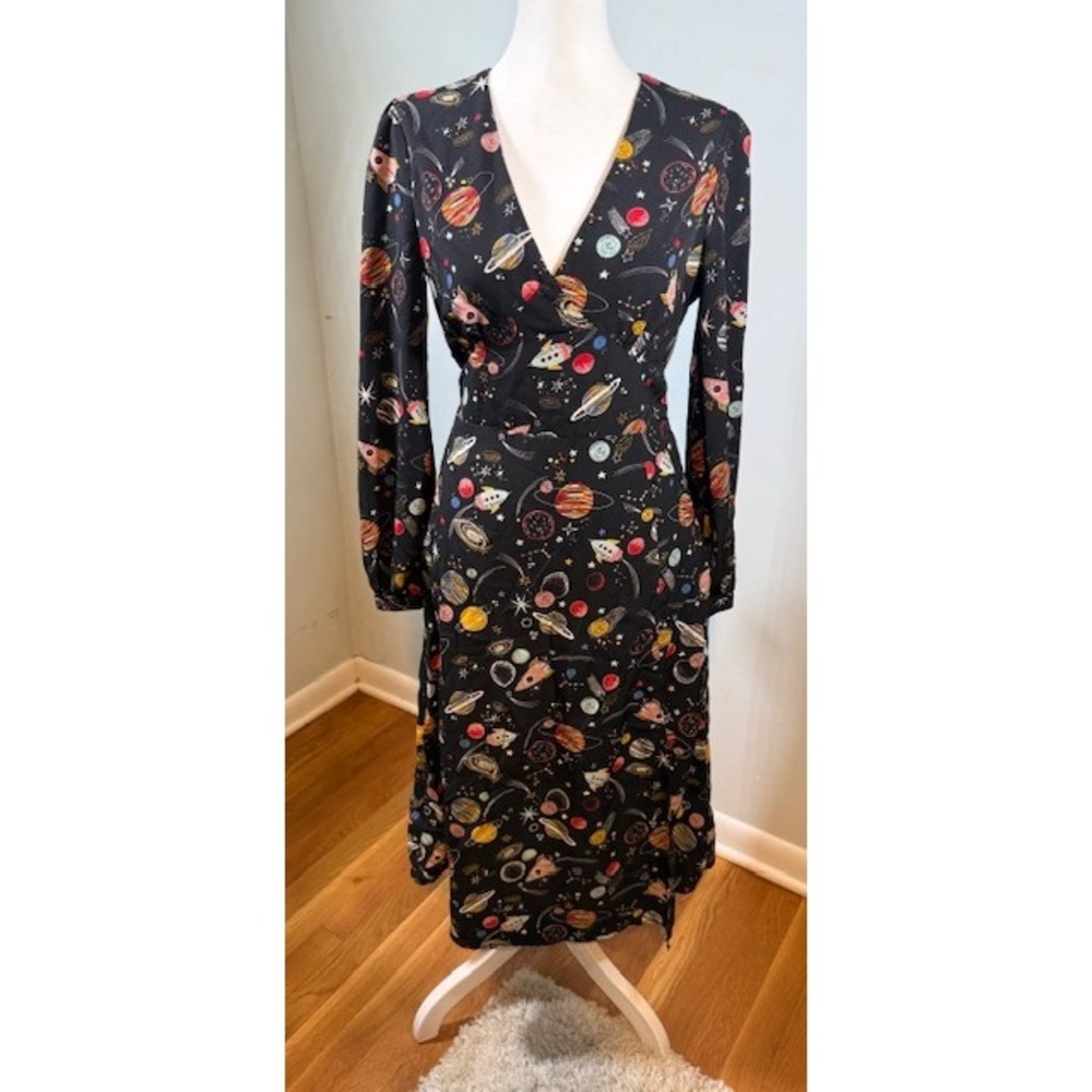 Joanie Space‎ Planet Print Midi Dress US 4 UK 8 Black Long Sleeve Lined